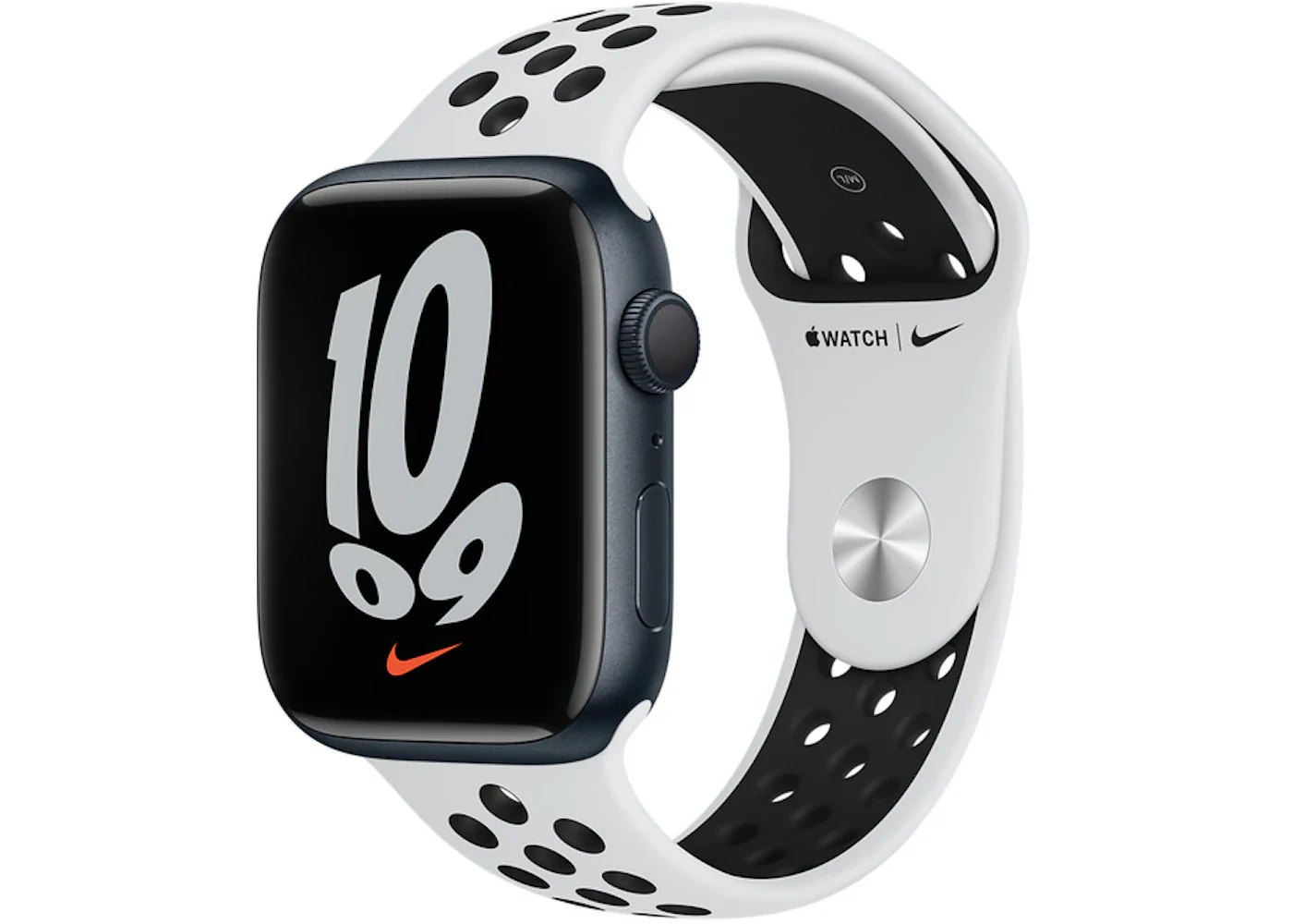 Apple Watch Nike Series 7 GPS 45mm Midnight Aluminum with Nike Pure Plantium/Black Sport Band A2474