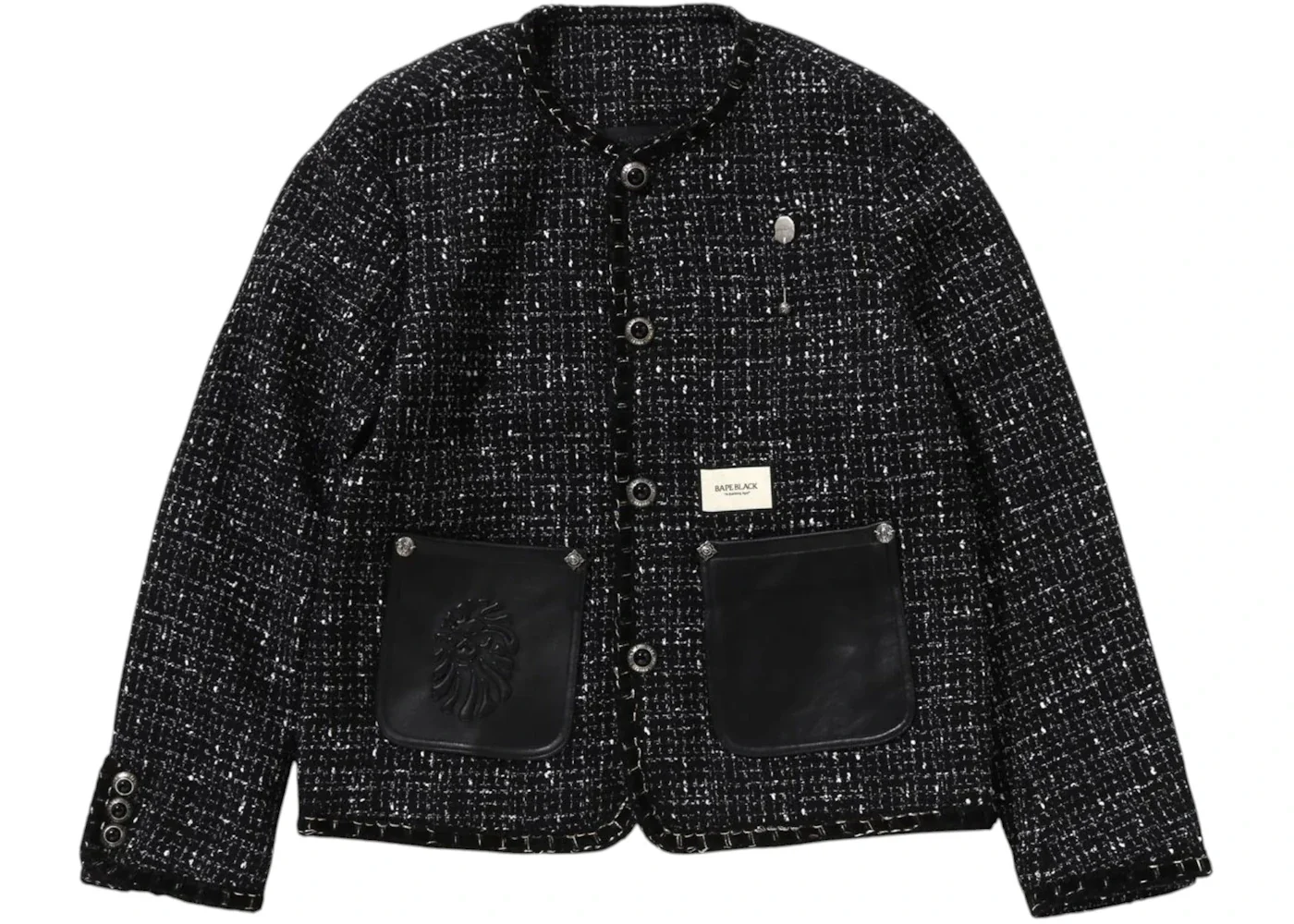 BAPE Collarless Ornament Tweed Coat Black