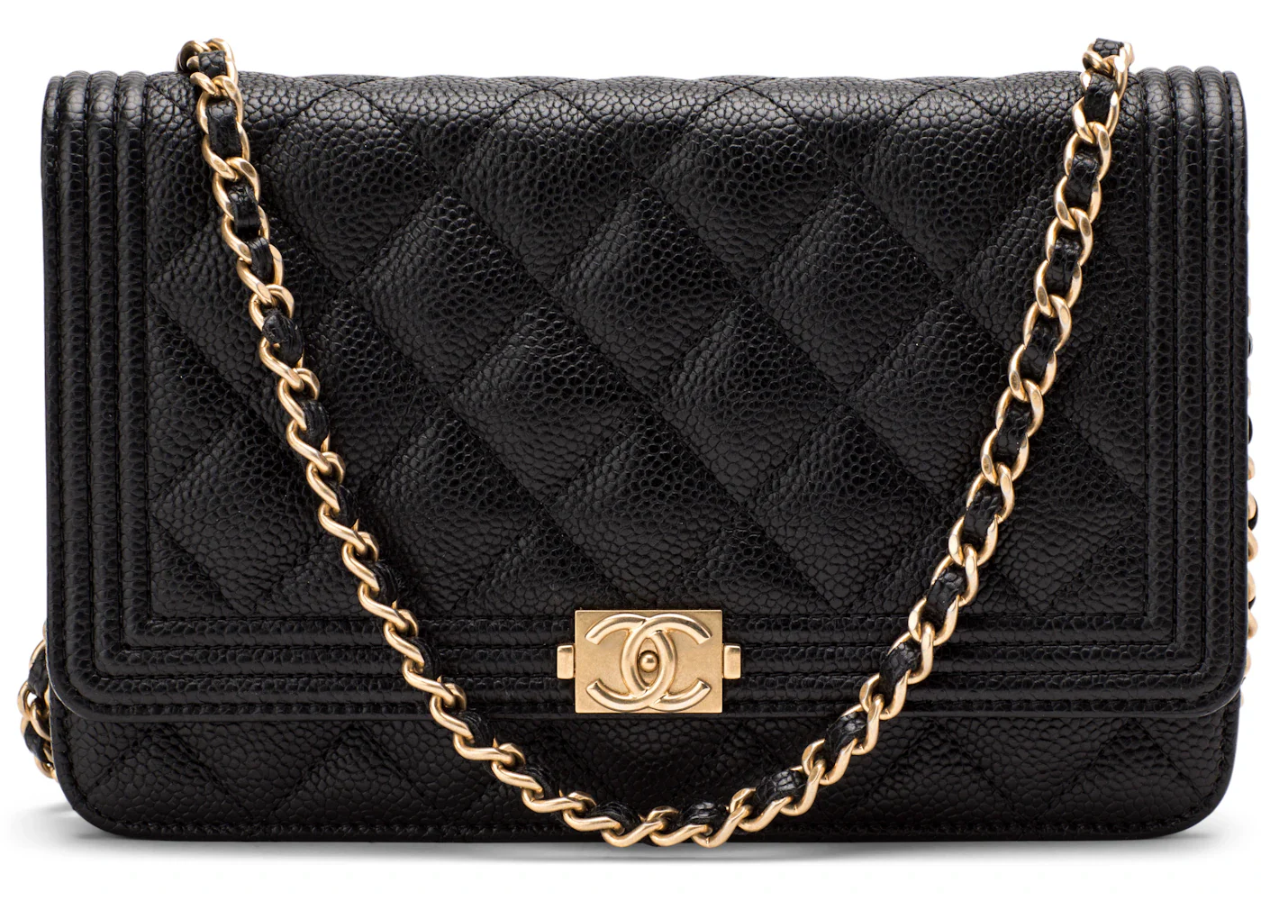 Chanel Boy Wallet On Chain Quilted Caviar Gold-tone Black/Army Green