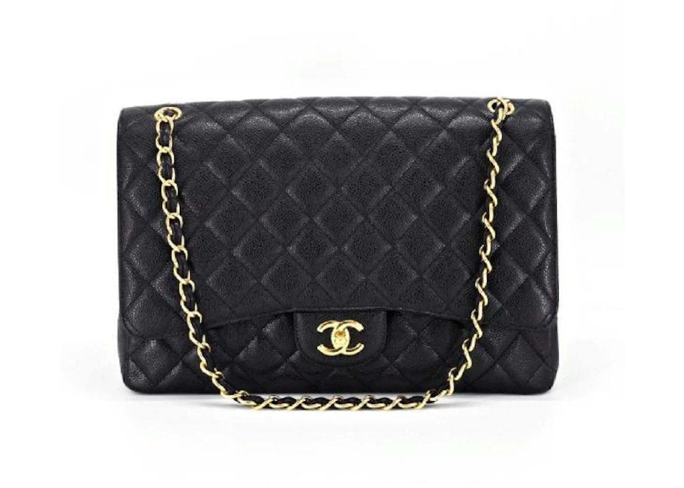 Chanel Classic Single Flap Quilted Caviar Gold-tone Maxi Black
