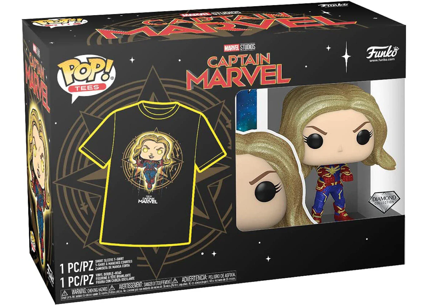 Funko Pop! Tees Marvel Studios Captain Marvel Diamond Collection With T-Shirt Bundle Figure #427