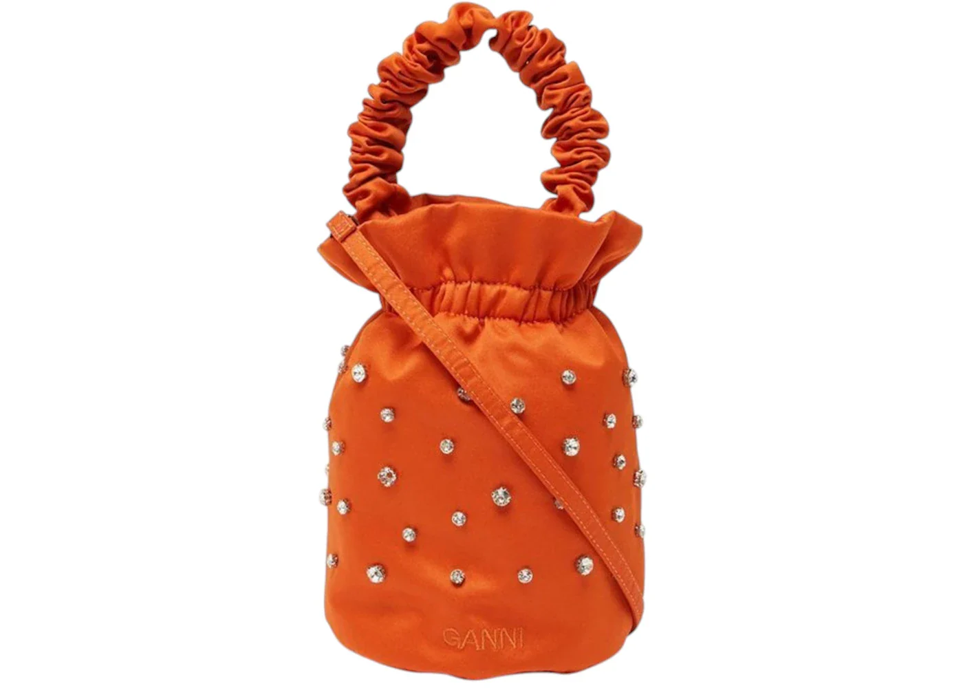 Ganni Crystal Embossed Satin Top Bucket Bag Orange