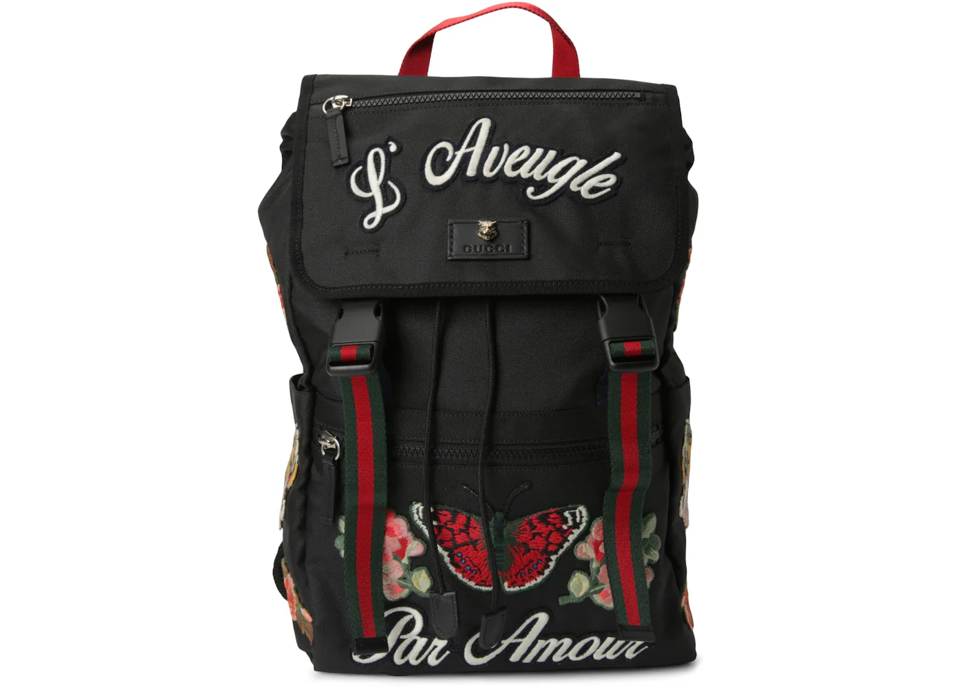 Gucci Backpack L'Aveugle Par Amour Embroidered Web Strap Black