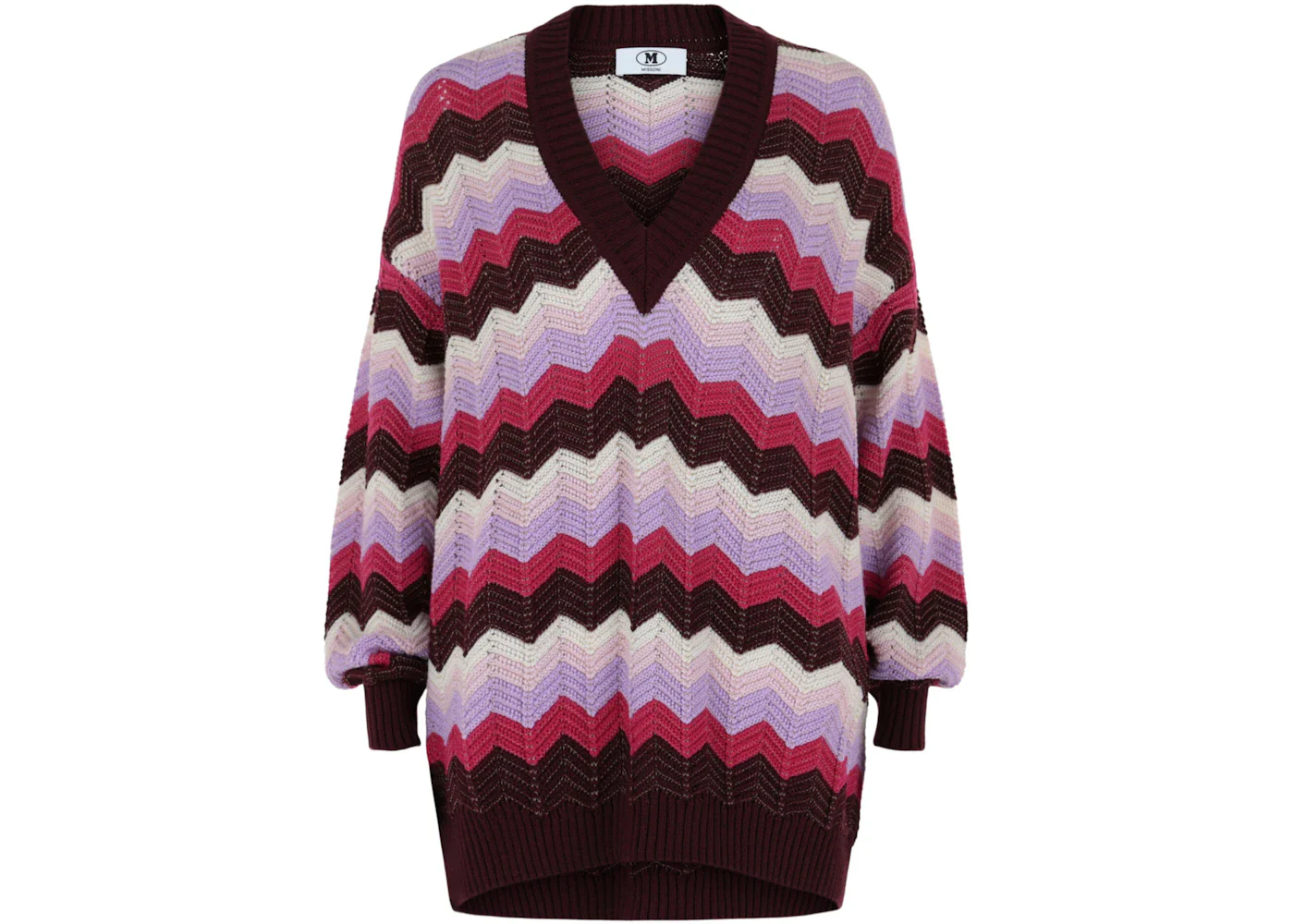 M Missoni Oversized V-Neck ZigZag Sweater Lilac Pink White