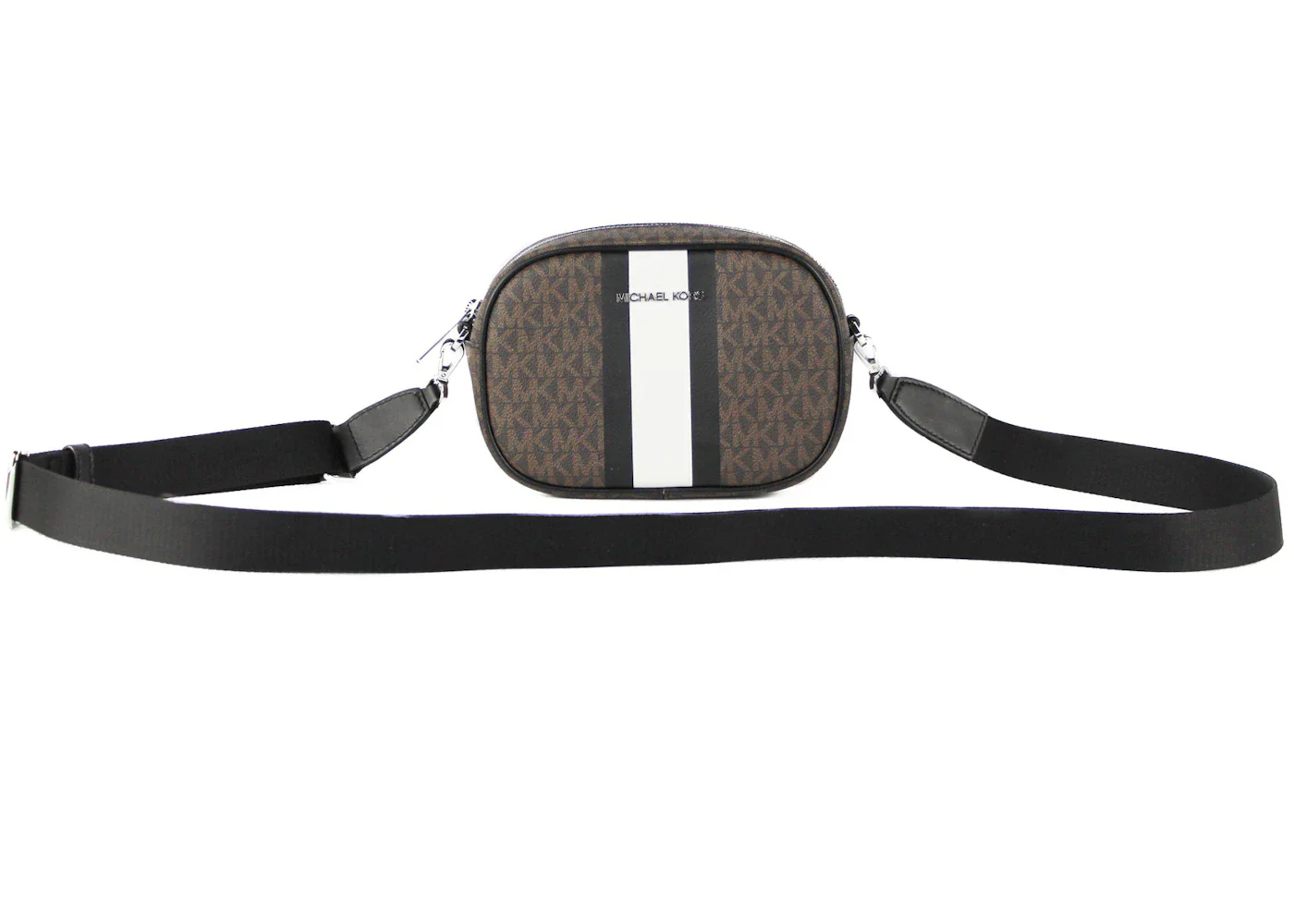Michael Kors Jet Set Striped Oval Crossbody Bag Small Brown/Silver