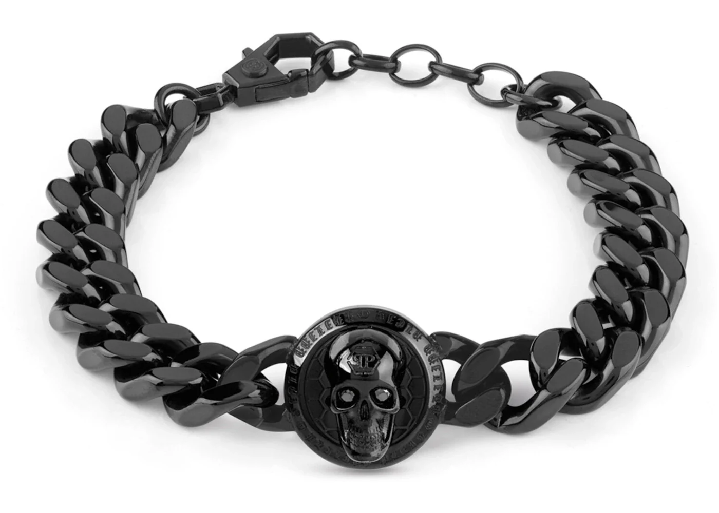 Philipp Plein 3D $kull Crystal Cuban Links Bracelet Black