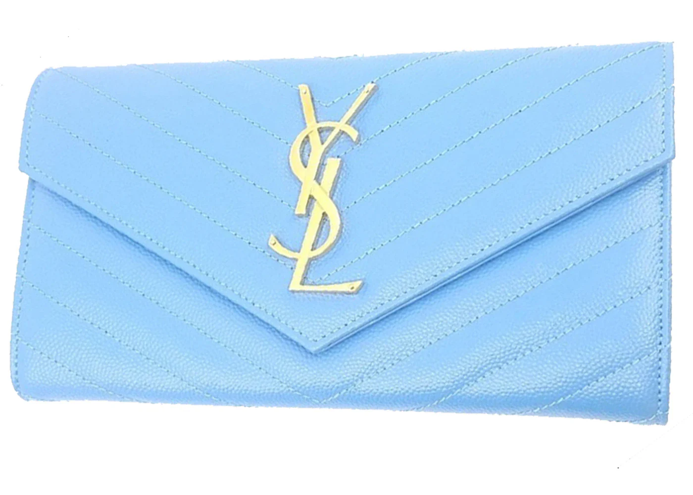 Saint Laurent College Flap Wallet Chevron Gold-tone Blue Clair