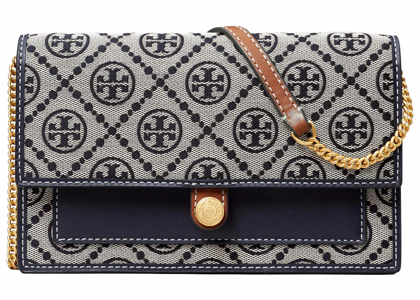 Tory Burch T Monogram Chain Wallet Navy